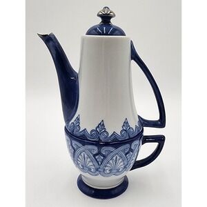 Vintage Bombay Company Tea For One Blue White Stackable Ceramic Silver Accents